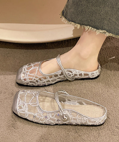 New Stylish Silver Tulle Zircon Flats Slide Sandals