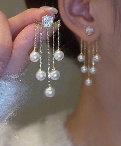 Pendientes colgantes con borlas de perlas de aleación de cobre y oro Vogue 