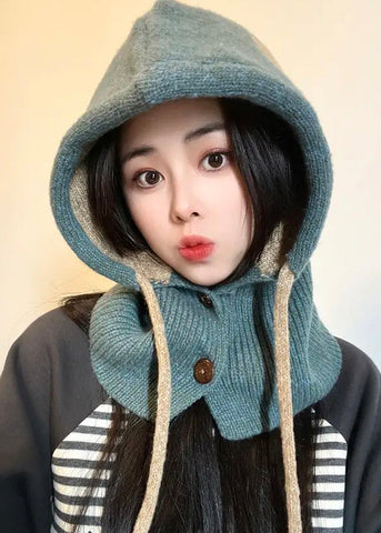 Gorro de punto azul cálido de invierno y cuello integrado resistente al viento y cálido 