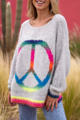 Love and Peace Strickpullover mit Regenbogenmuster, lockerer Pullover 