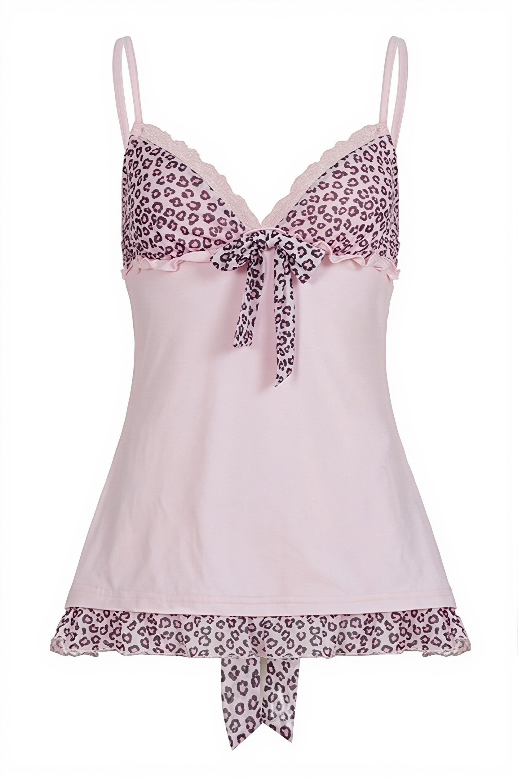 Pink Leopard Mesh Splice Tie Cami Top