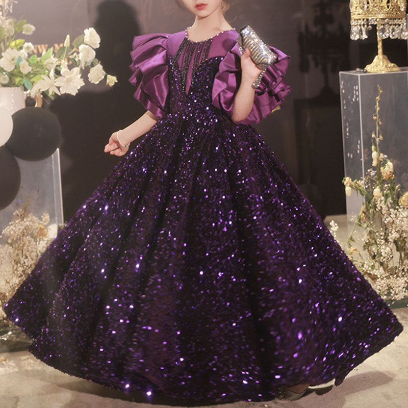 Kommunionkleid für Blumenmädchen, Paillettenkleid mit Rückenbindefunktion, Prinzessinnenkleid 
