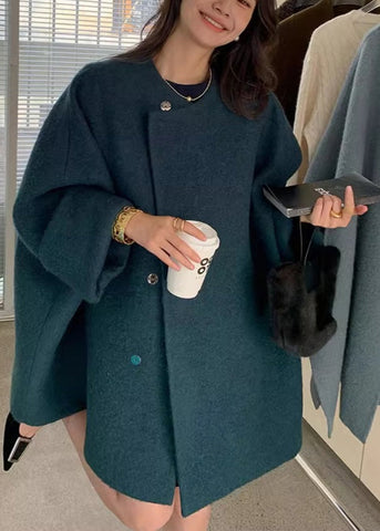 Elegante graue Wollmäntel mit O-Ausschnitt und langen Ärmeln 