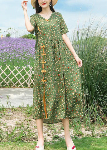 Vestido bohemio de lino con cuello alto y botones chinos estampados de verano 
