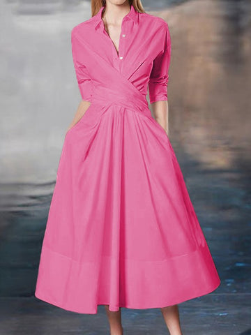 Elegante vestido midi de corte A con mangas largas, plisado y solapa en color liso 
