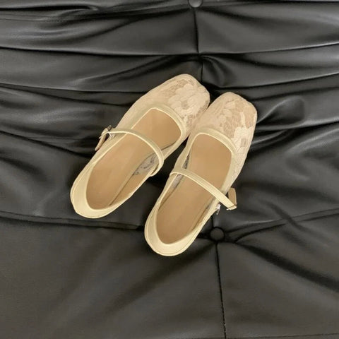 Lace Mary Jane Flats Shoes Women Summer Square Toe Mesh Shallow Shoes Buckle Strap Ballet Footwear Comfort Moccasins Shoes