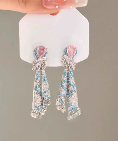 Fashion Rainbow Alloy Zircon Silk Tassel Drop Earrings