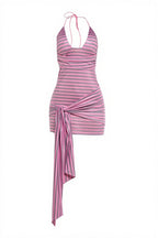 Stripe Print Halter Cutout Back Mini Dress