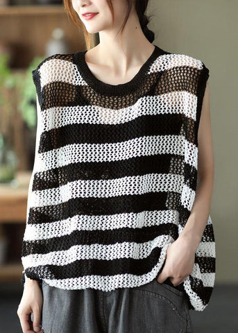Camiseta de tirantes de lino de verano con rayas de morera y aberturas sin mangas 