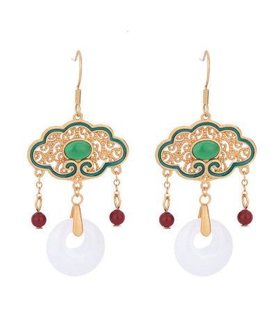 Pendientes colgantes con borla y hebilla de ping, de aleación blanca, con incrustaciones de gemas, jade y esmalte cloisonné. 