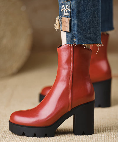 Rote handgemachte klobige Rindsleder-Spleißstiefel für Damen 
