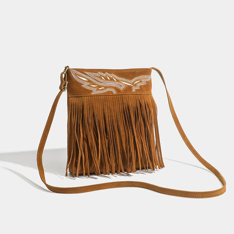 Bolso bandolera marrón con flecos de vaquero occidental 