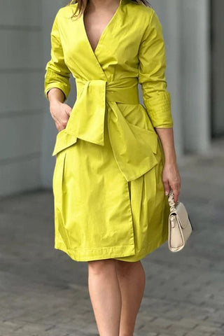 Solid Lace Up V Tie Pocket Office Midi Dress