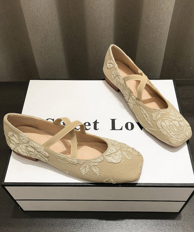 Apricot Embroidered Cross Strap Splicing Flat Shoes For Women