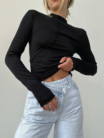 Camiseta de manga larga ajustada para mujer, estilo chic, de primavera y otoño, con cuello alto, básica, estilo urbano 