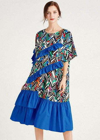 Elegant Orange Print Loose Ruffles Summer Long Dresses