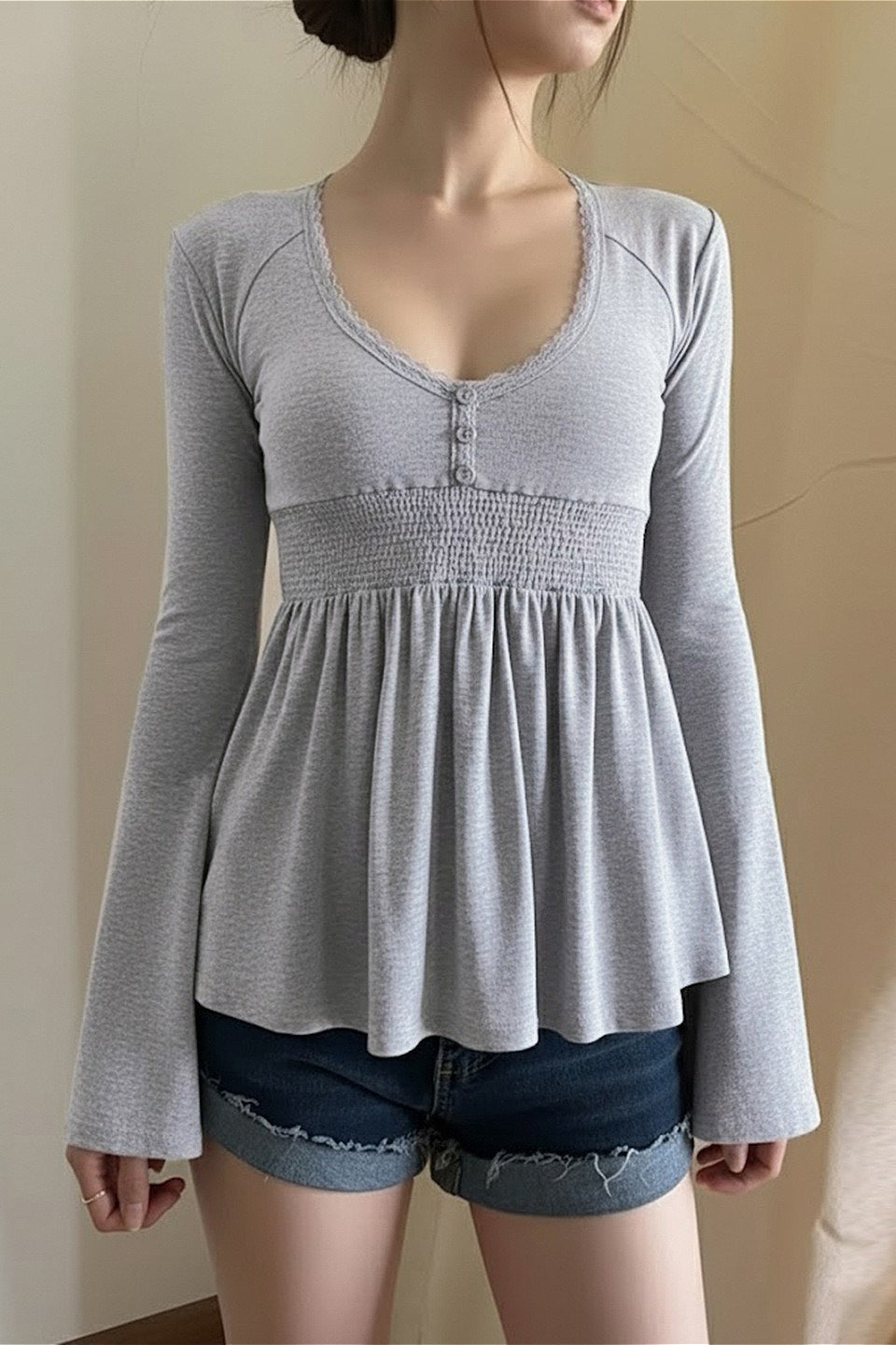 Casual Solid Deep V A Line Elastic Blouse