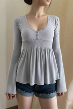 Casual Solid Deep V A Line Elastic Blouse