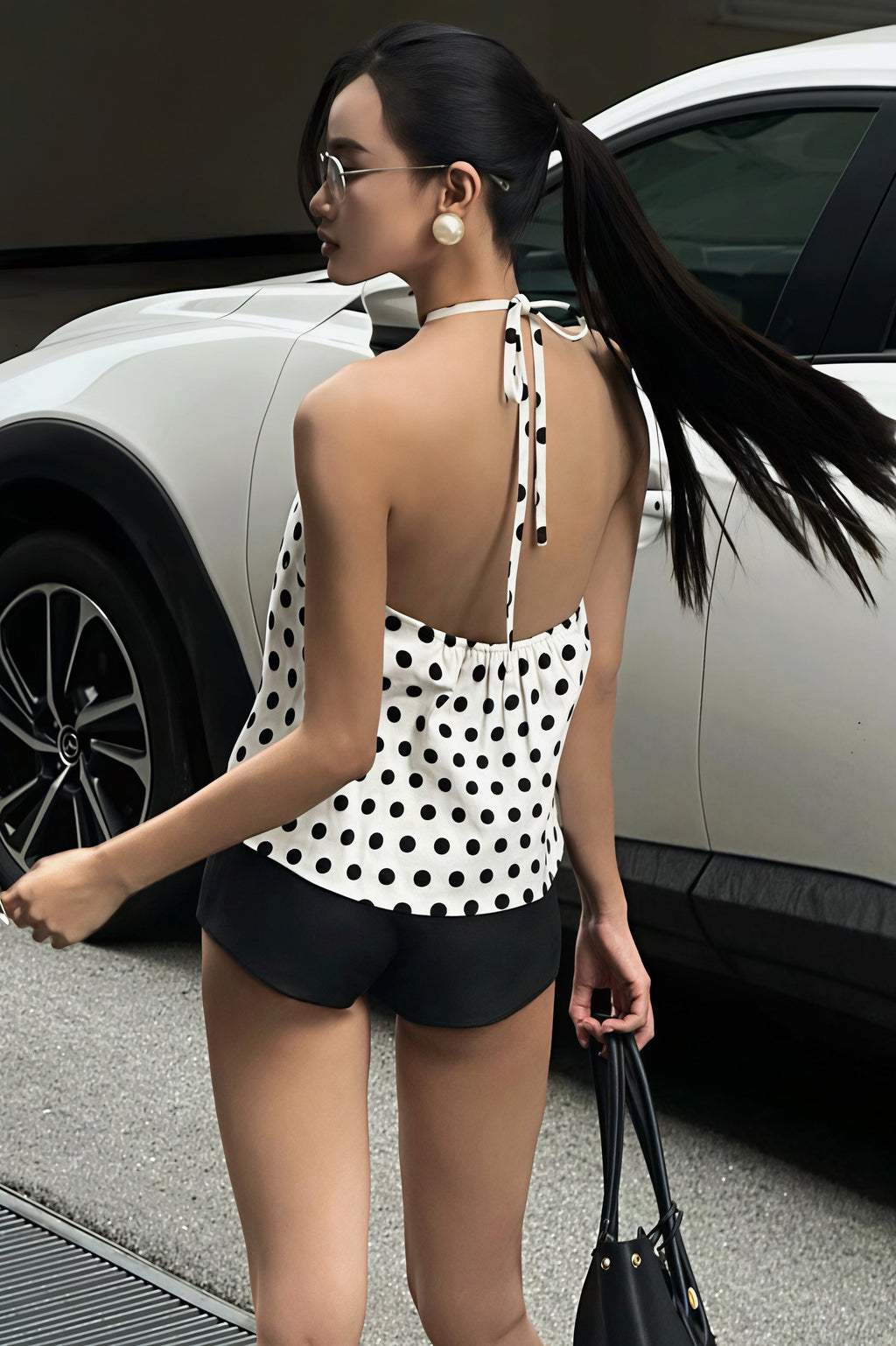 Elegant White Polka Dot Cropped Halter Top