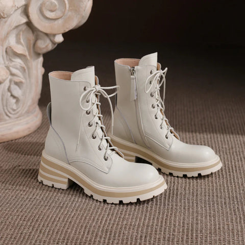 Botas de mujer otoño 2024, nuevas botas de tobillo de piel auténtica de estilo británico con suela gruesa y cordones, botas de plataforma para mujer 