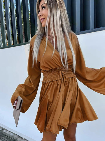 Mini Dresses Yellow Green Long Sleeves Lace Up Short Dress