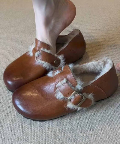 Zapatos planos retro de piel de oveja color caramelo con forro de lana afelpada 