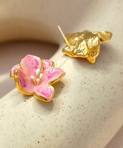 Cute Pink Copper Floral Drip Glaze Stud Earrings