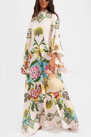 Shine The Light Unique Printed High Neck Bell Sleeve Loose Maxi Dress