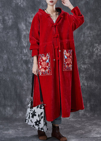 Roter orientalischer warmer Fleece-Cord-Trenchcoat bestickt Winter 