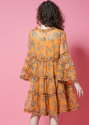 Vestidos de fiesta de gasa con estampado amarillo y mangas farol con volantes 