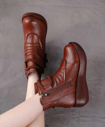 Retro Bequeme Splicing Wedge Boots Braun Kunstleder 