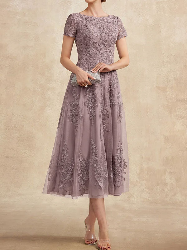 A-Linien-Kleid aus Tüllspitze mit Rundhalsausschnitt und Teelänge für die Mutter der Braut 