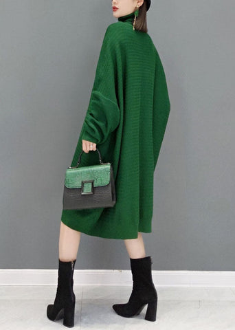 Vestido de suéter de punto de cuello alto verde de moda otoño