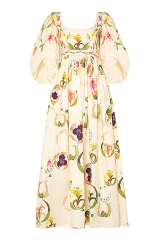 Vestido midi con cuello cuadrado, mangas abullonadas y bordado floral 