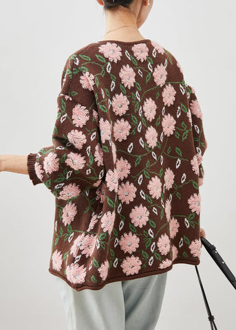 Simple Coffee Oversized Jacquard-Strickjacke mit Blumenmuster für den Winter 