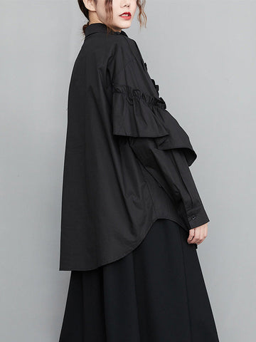 Casual Loose Long Sleeves Buttoned Ruffled Solid Color Lapel Collar Blouses&Shirts Tops