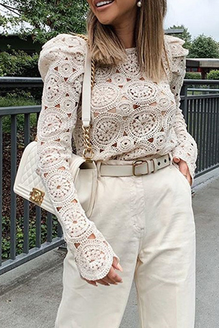 Elegante blusa lisa con escote redondo, transparente y ahuecada 