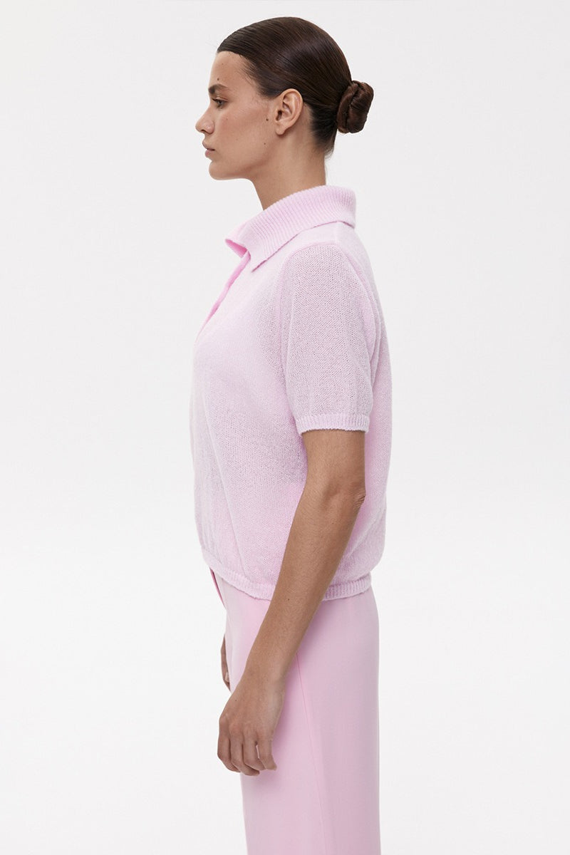 Minimalist Polo Hollow Knit Puff Sleeve Blouse