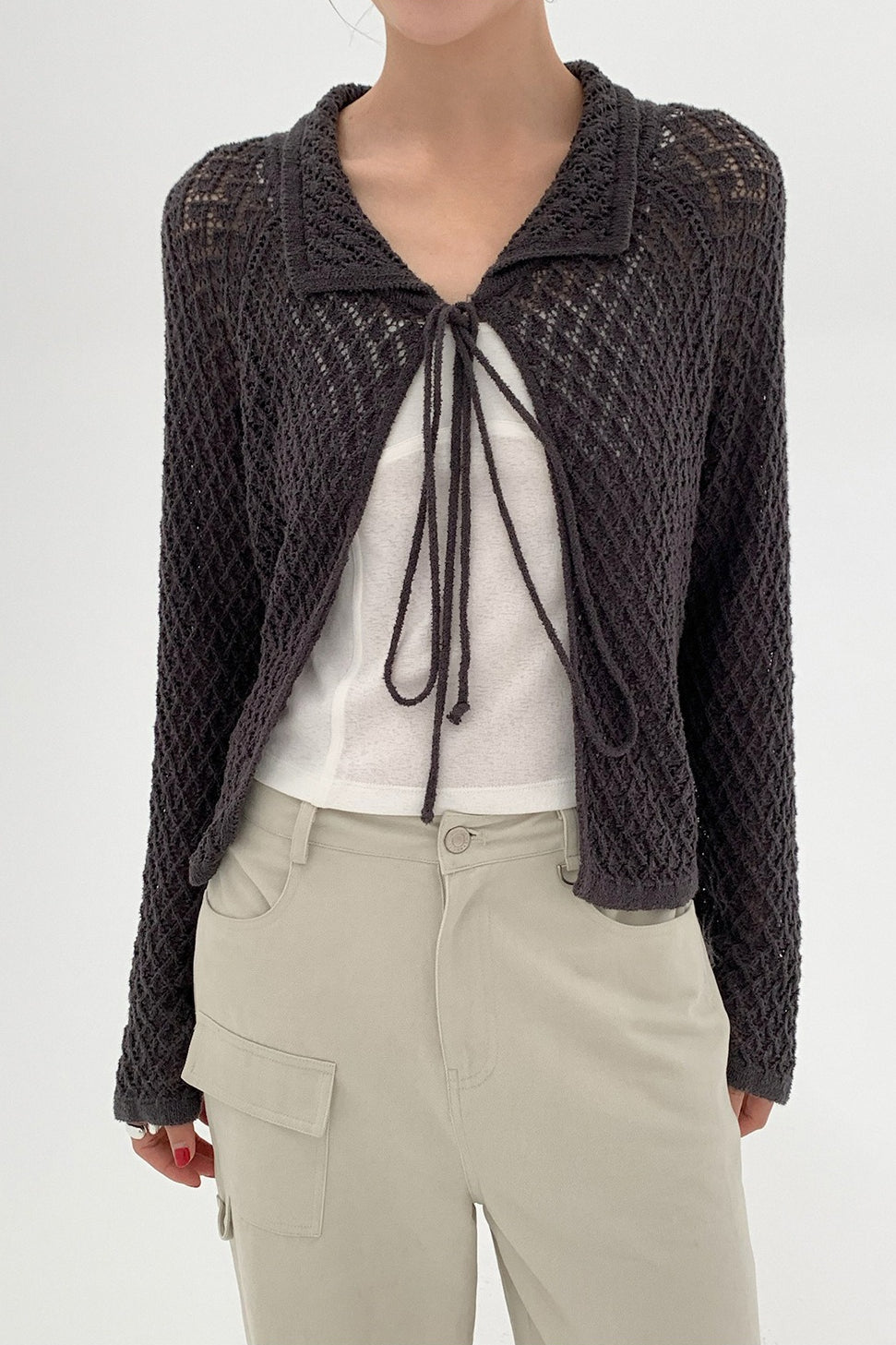 Hollow-Out Collared Tie-Waist Long-Sleeve Short Knit Cardigan