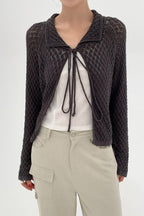 Hollow-Out Collared Tie-Waist Long-Sleeve Short Knit Cardigan