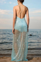 Solid Patchwork Sheer Backless Cami Sequin Maxi Dress