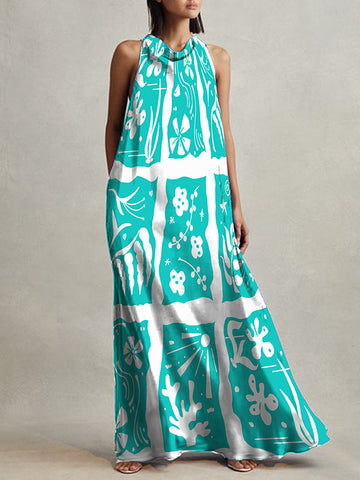 A-Line Loose Printed Tied Heaps Collar Maxi Dresses