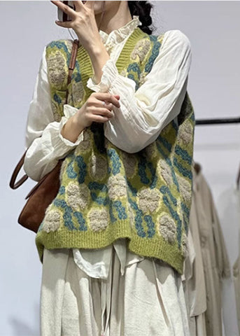 Jacquard Grün V-Ausschnitt Gemütliche Baumwollstrickweste Herbst 