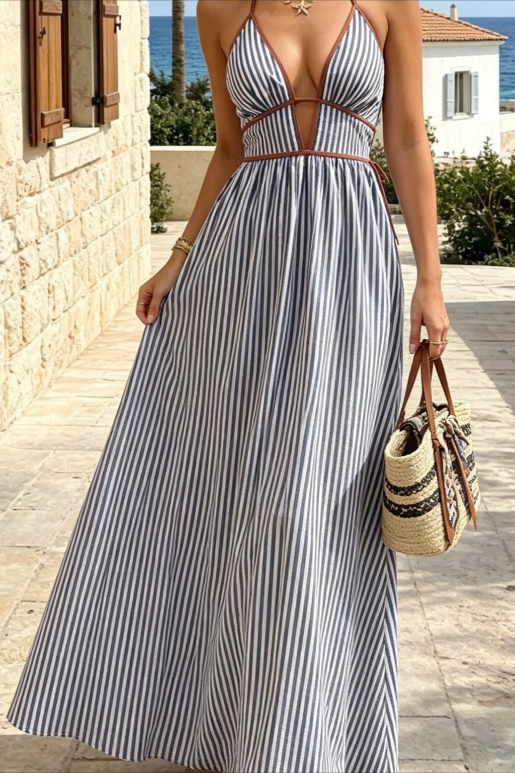 Slim Striped Halter Backless Beach Cami Maxi Dress