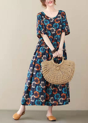 Elegante vestido de fiesta de verano con estampado de cuello redondo azul y media manga 