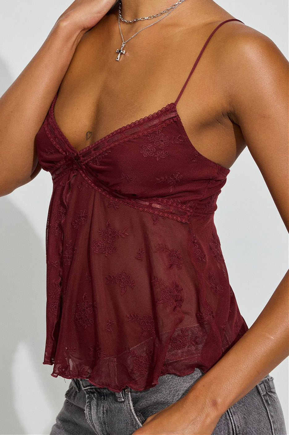 Sheer Jacquard Mesh Slit Cami Top