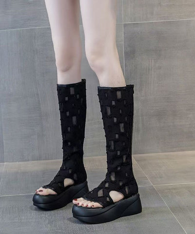 Botas de plataforma con empalme de boutique, punta abierta, tela vaquera blanca 