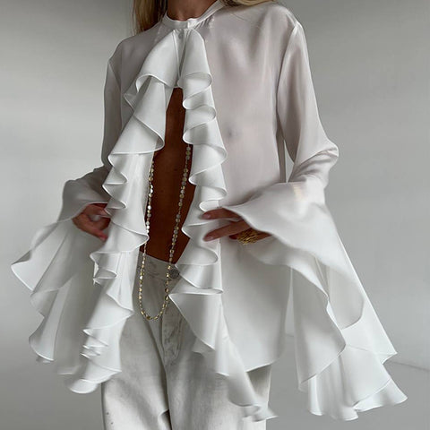 Bluse aus transparentem Chiffon mit Rundhalsausschnitt, Glockenärmeln und Wasserfall-Rüschen 