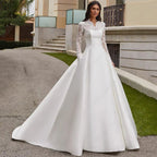 Vestidos de novia de encaje satinado con apliques y mangas largas, vestidos de novia de princesa hechos a medida 