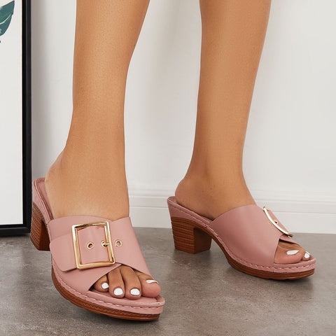 Buckle Decor Chunky Block Heel Mules Slide Sandals